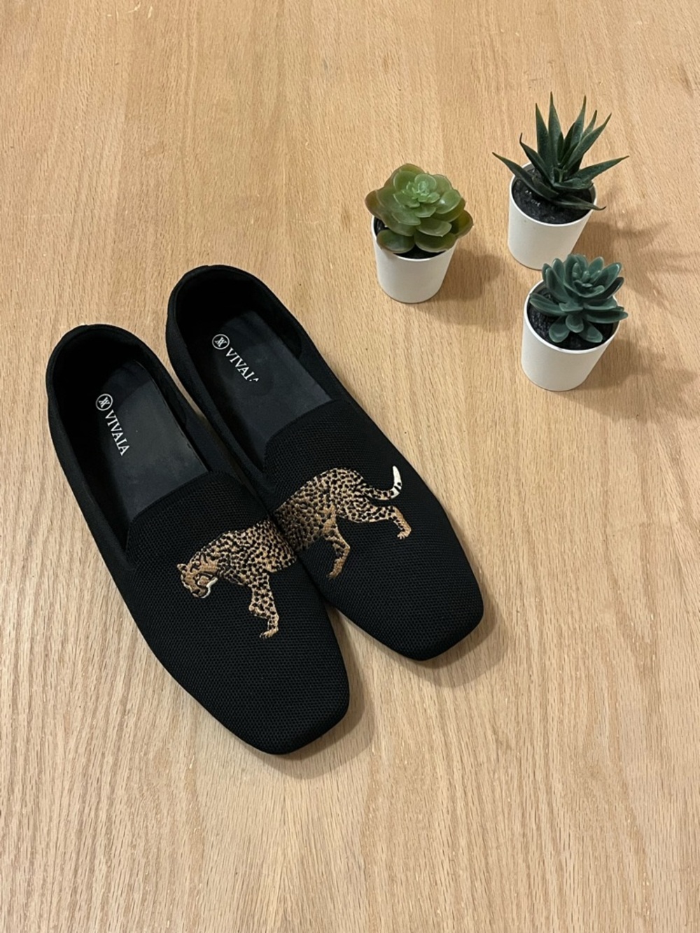 Vivaia Black Square Toed Loafers with Cheetah